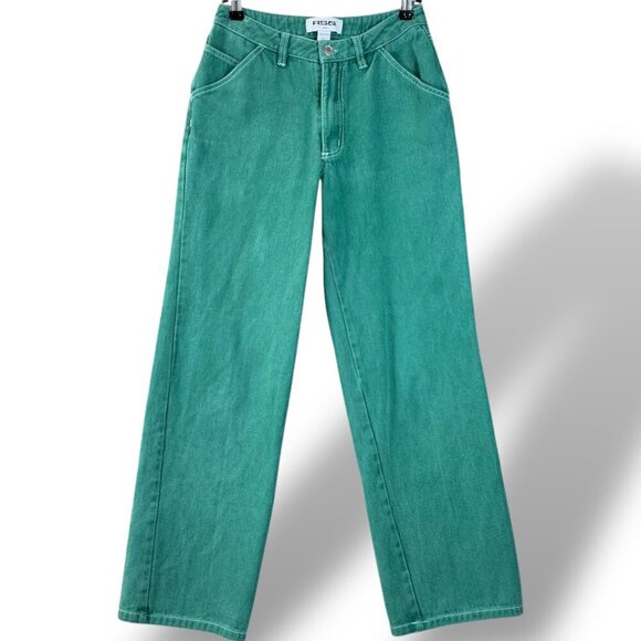 RSQ Jeans Womens Sz XS Green W/White Stitch High-Waisted Straight Wide-Leg Pants - Picture 1 of 9